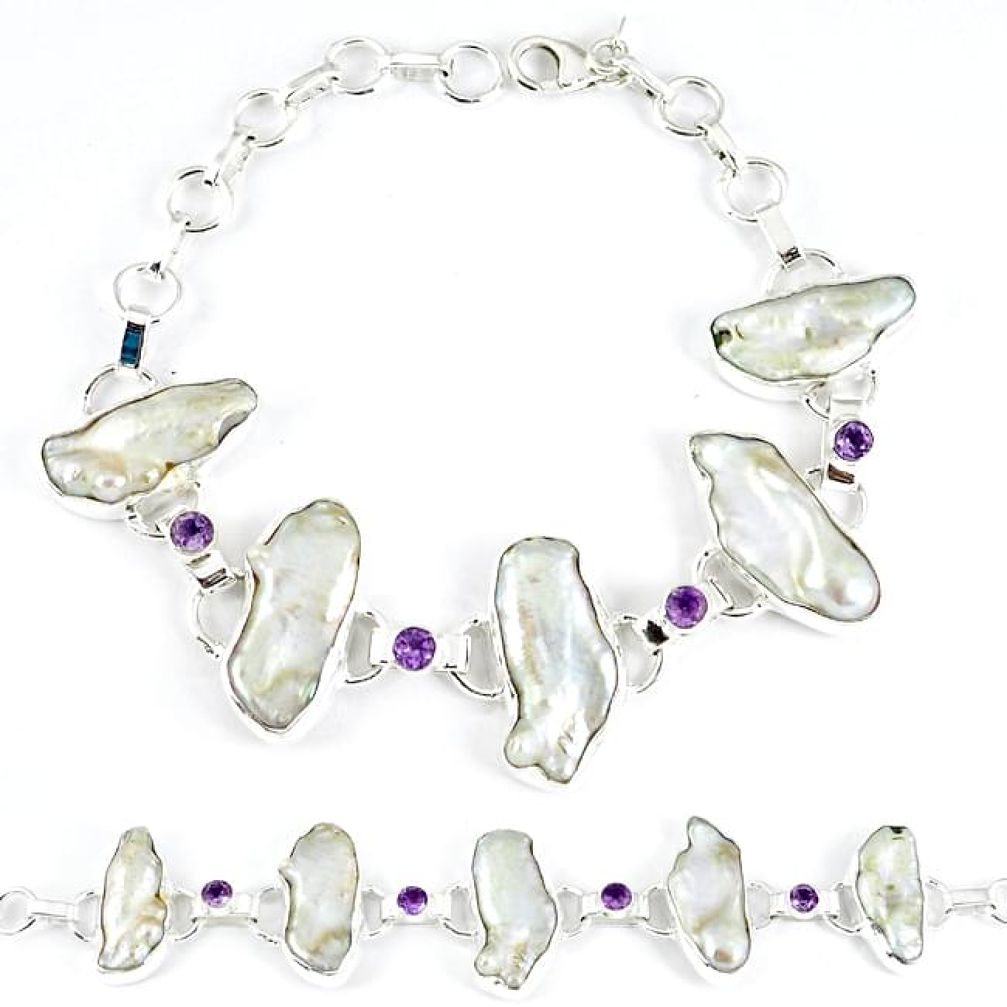 Natural white biwa pearl amethyst 925 sterling silver bracelet k21199