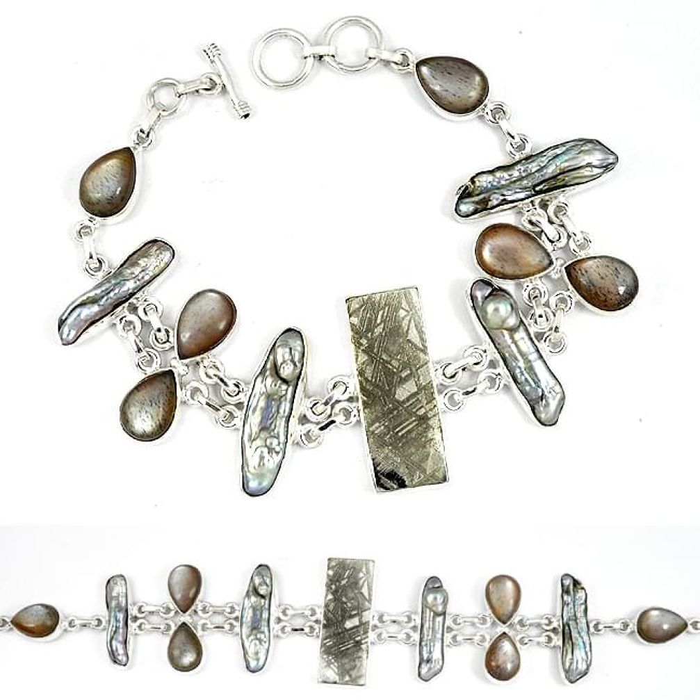 Natural grey meteorite rainbow moonstone biwa pearl 925 silver bracelet k27374