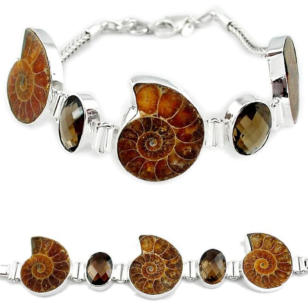 925 silver natural brown ammonite fossil smoky topaz bracelet jewelry k27448