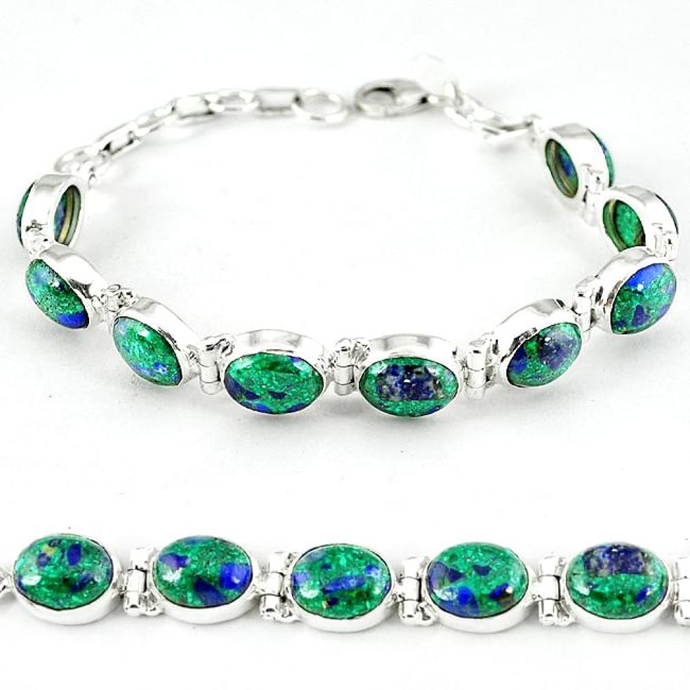 Natural green malachite in azurite oval 925 silver tennis bracelet k27549