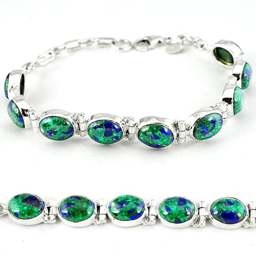 Natural green malachite in azurite oval 925 silver tennis bracelet k27551