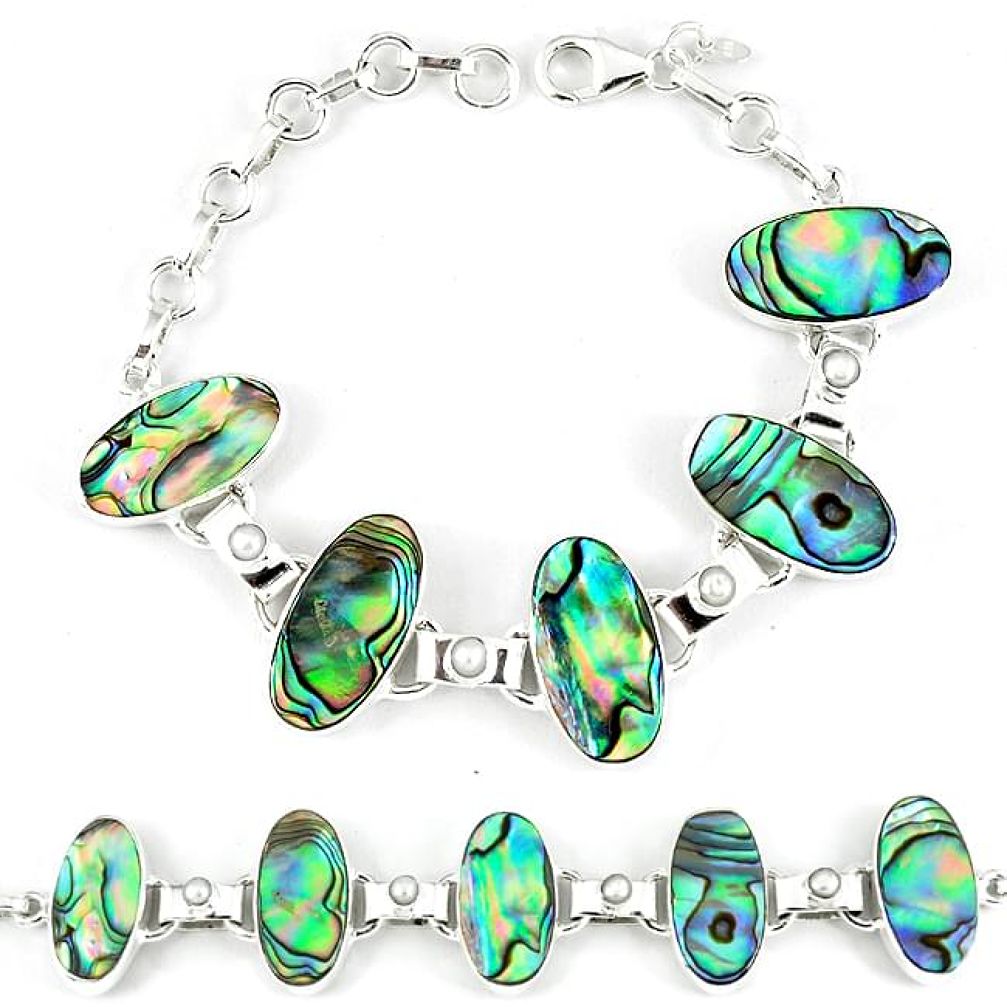 925 silver natural green abalone paua seashell white pearl bracelet k28896