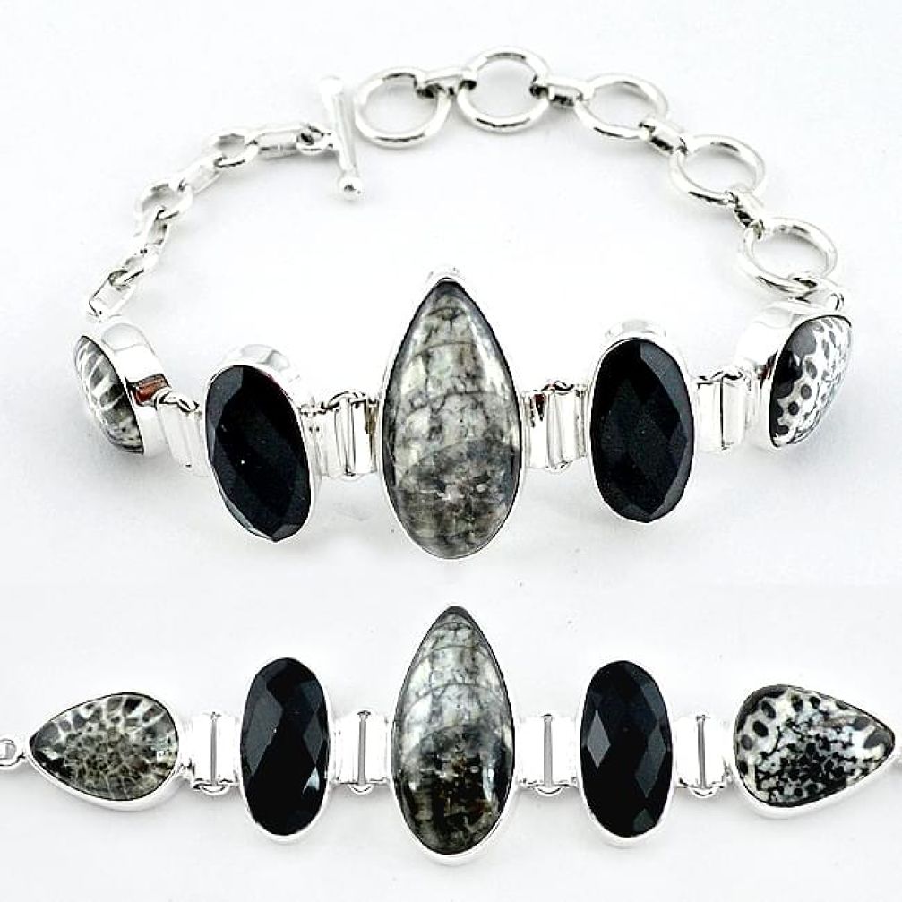 Natural black orthoceras black onyx 925 sterling silver bracelet jewelry k47840