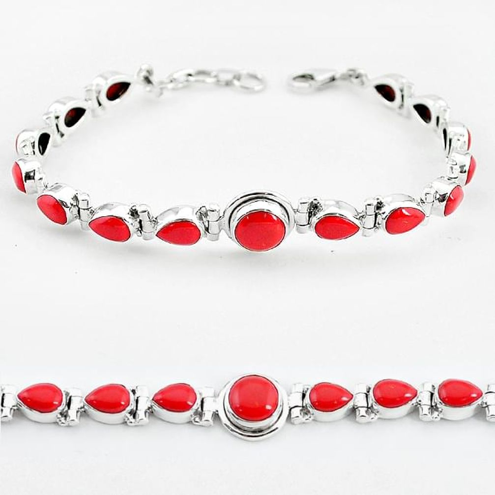 Red coral 925 sterling silver tennis bracelet jewelry k58537