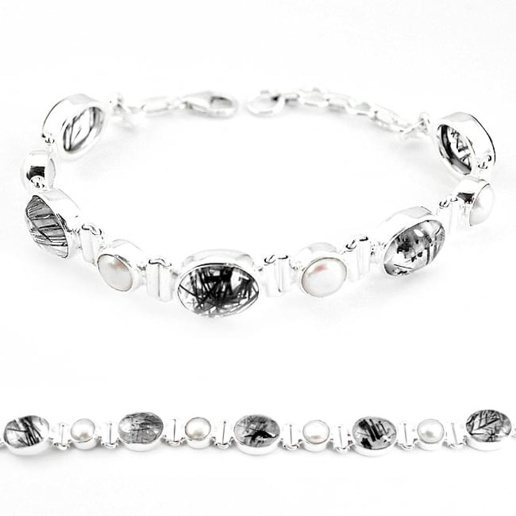 Natural black tourmaline rutile pearl 925 sterling silver tennis bracelet k62670