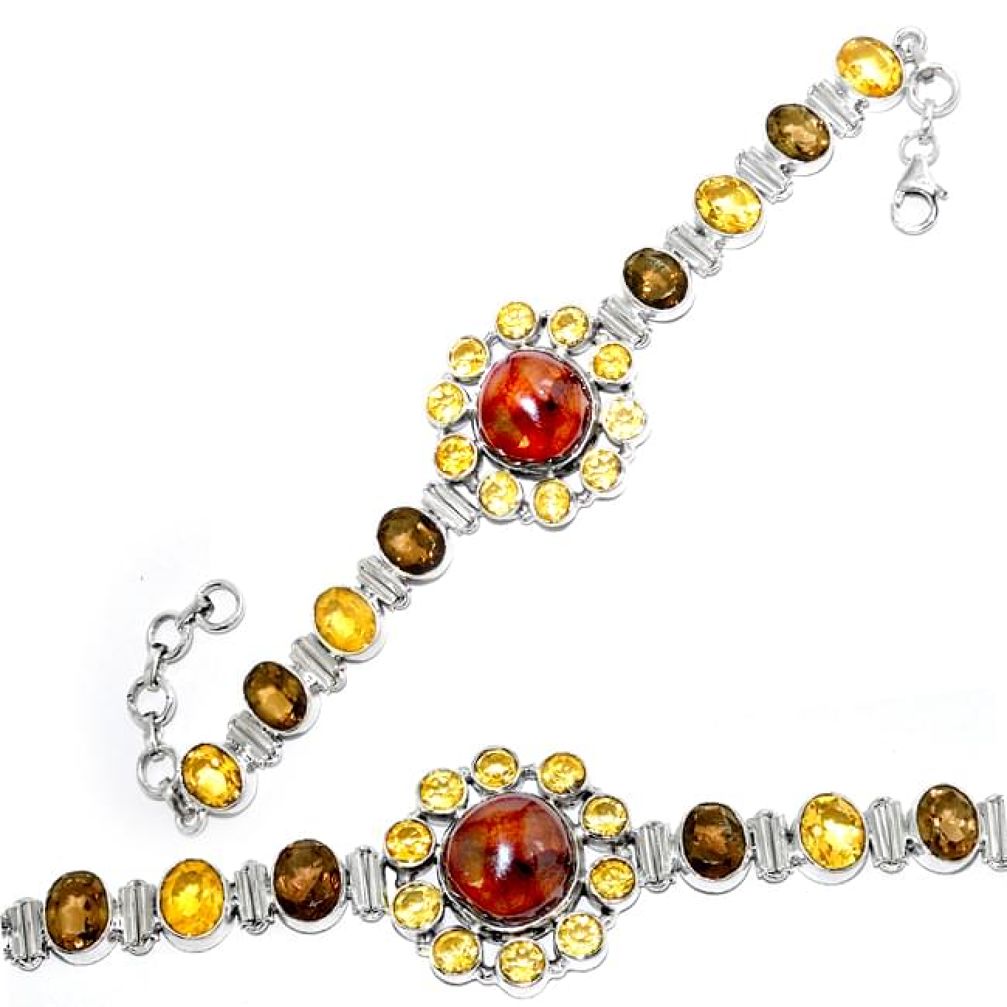 Natural mexican fire agate citrine smoky topaz flower 925 silver bracelet k74721