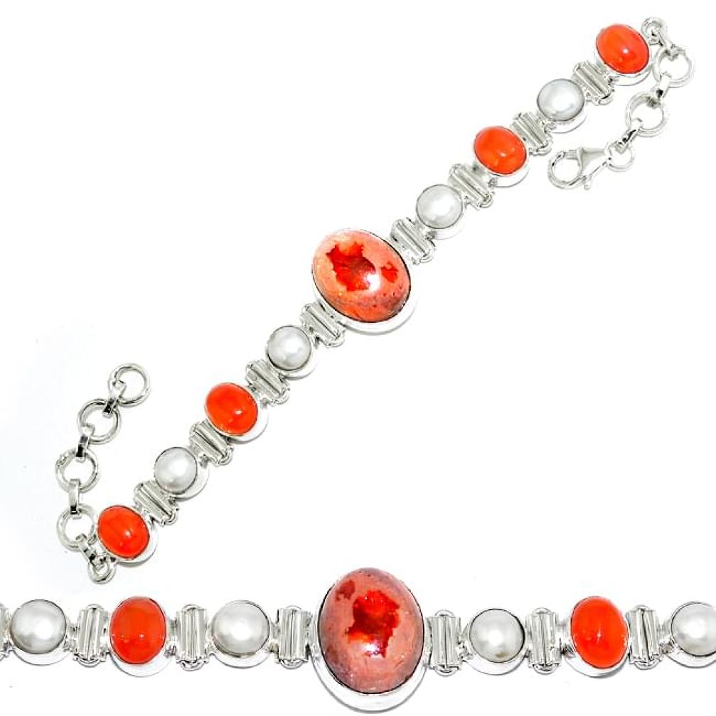 925 silver natural mexican fire opal cornelian (carnelian) pearl bracelet k74724