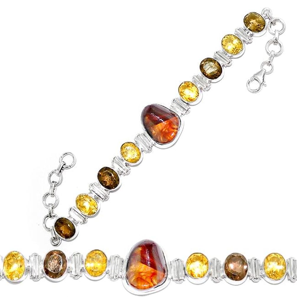 Natural multi color mexican fire agate citrine 925 silver bracelet k74726