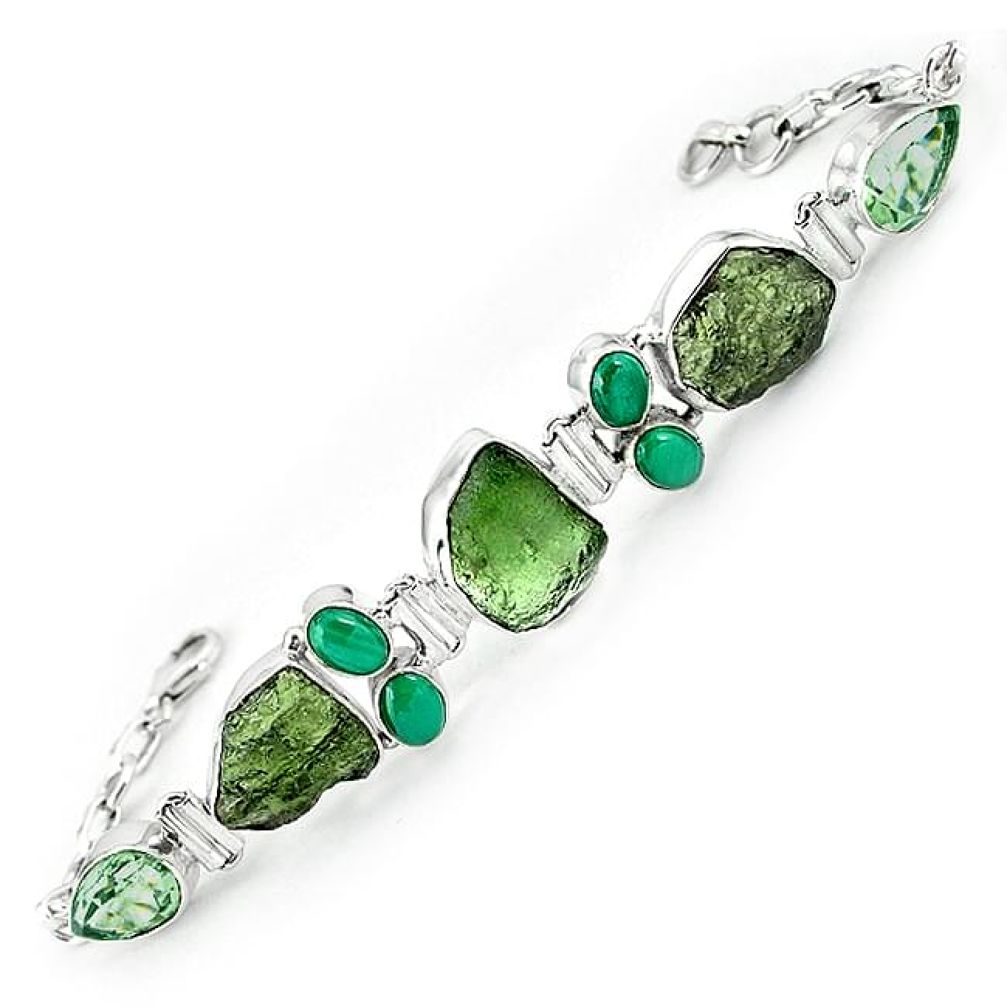 Natural green moldavite (genuine czech) malachite 925 silver bracelet k78140