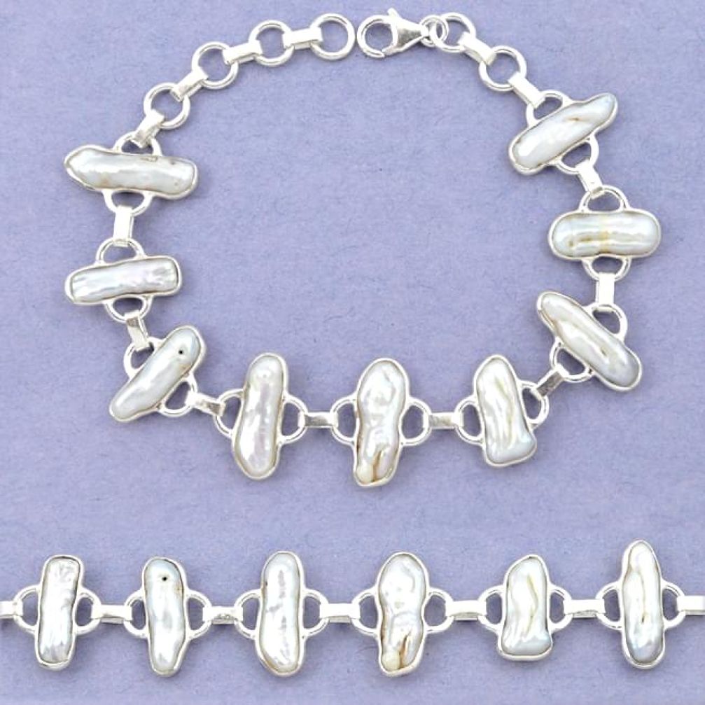 Natural white biwa pearl fancy 925 sterling silver bracelet jewelry k90890