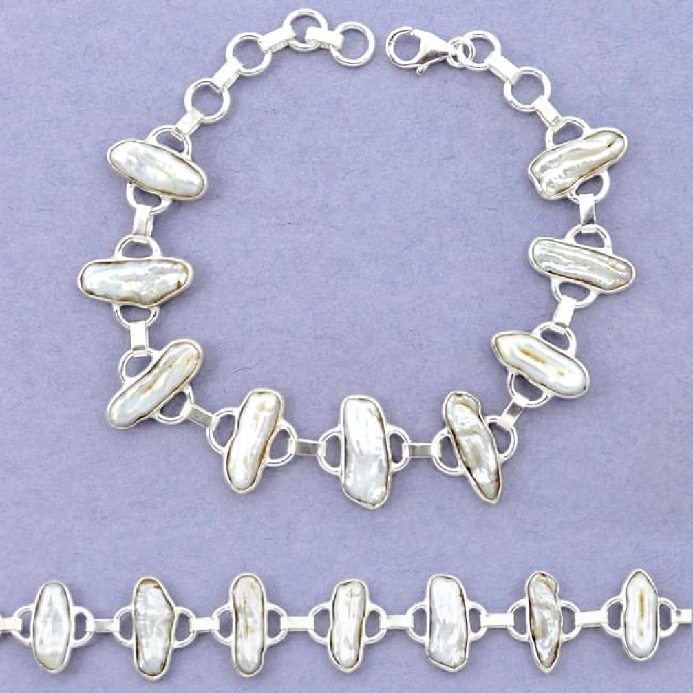 Natural white biwa pearl 925 sterling silver bracelet jewelry k90899