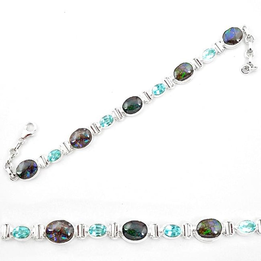 Natural ammolite (canadian) blue topaz 925 silver tennis bracelet k91662