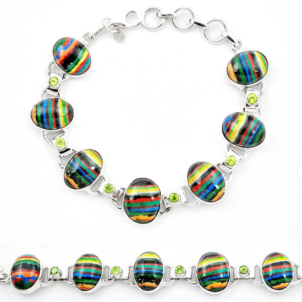 Natural multi color rainbow calsilica peridot 925 silver tennis bracelet m1363