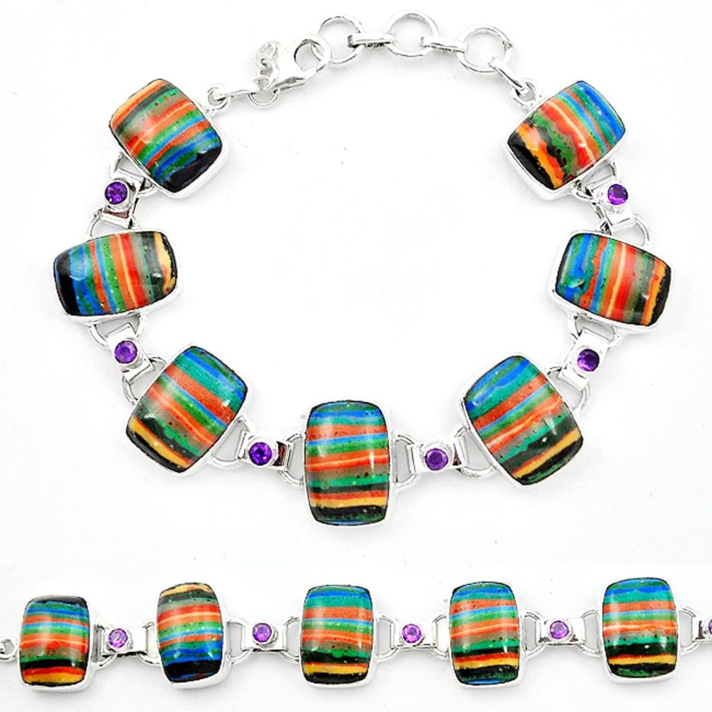 Natural multi color rainbow calsilica amethyst 925 silver tennis bracelet m1364