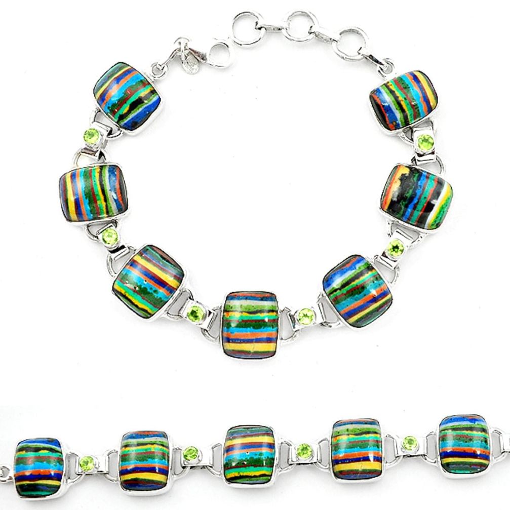 Natural multi color rainbow calsilica peridot 925 silver tennis bracelet m1366