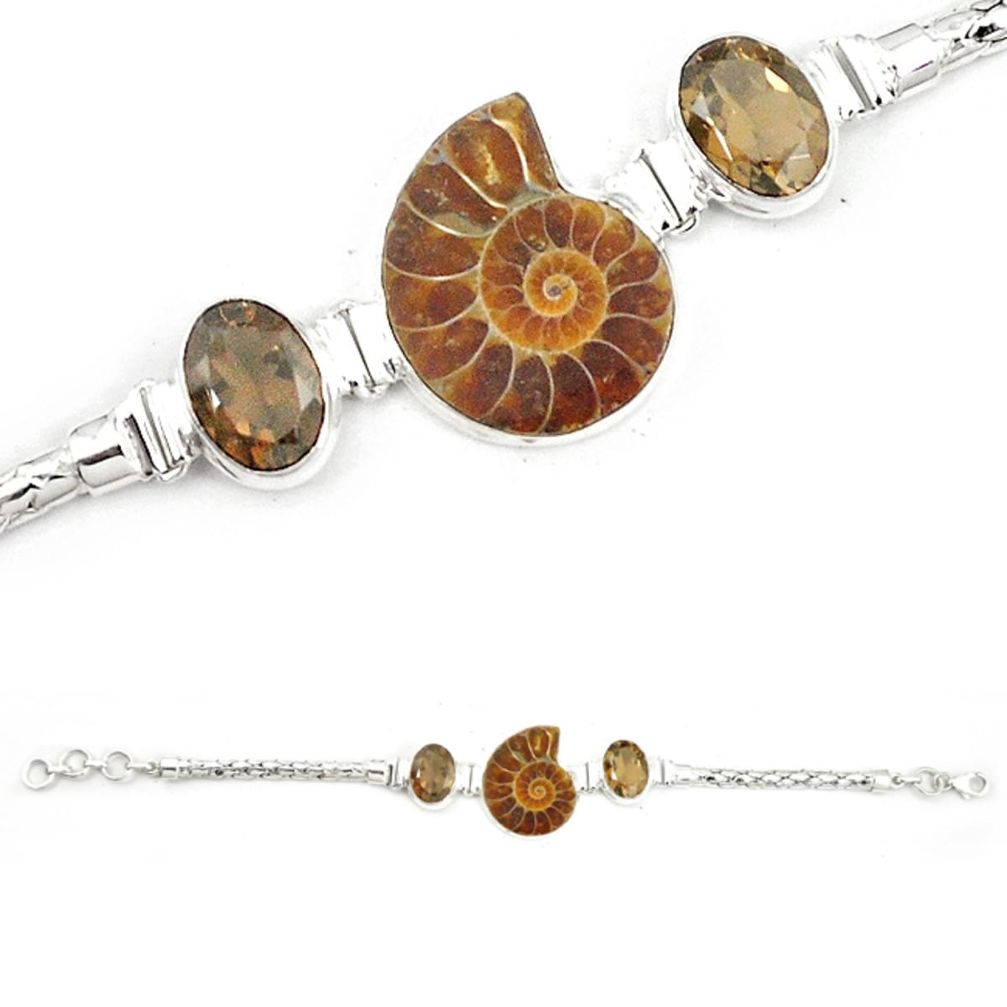 Natural brown ammonite fossil smoky topaz 925 silver bracelet m23182