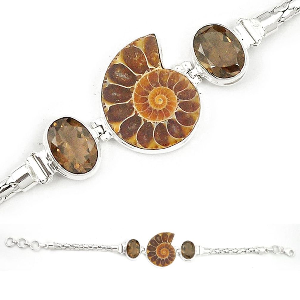 Natural brown ammonite fossil smoky topaz 925 silver bracelet m23186