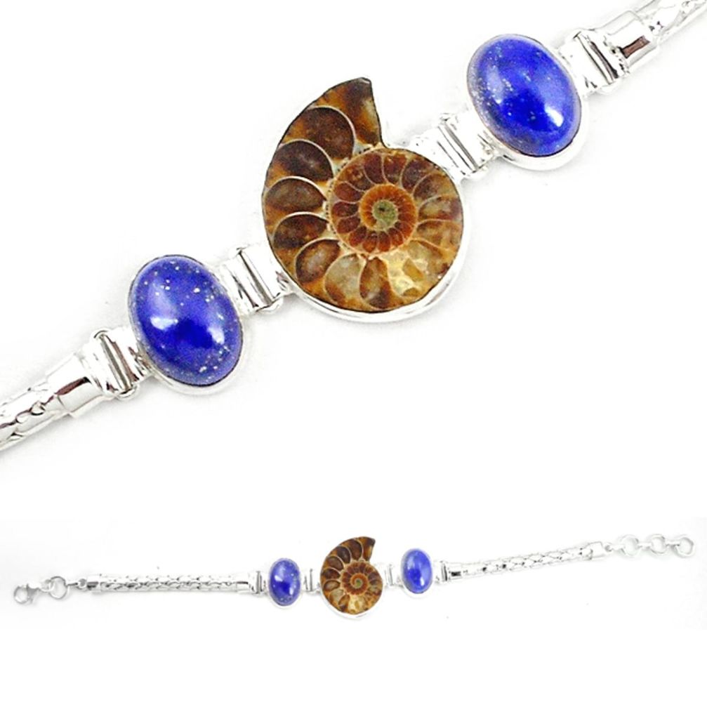 925 silver natural brown ammonite fossil blue lapis lazuli bracelet m23195
