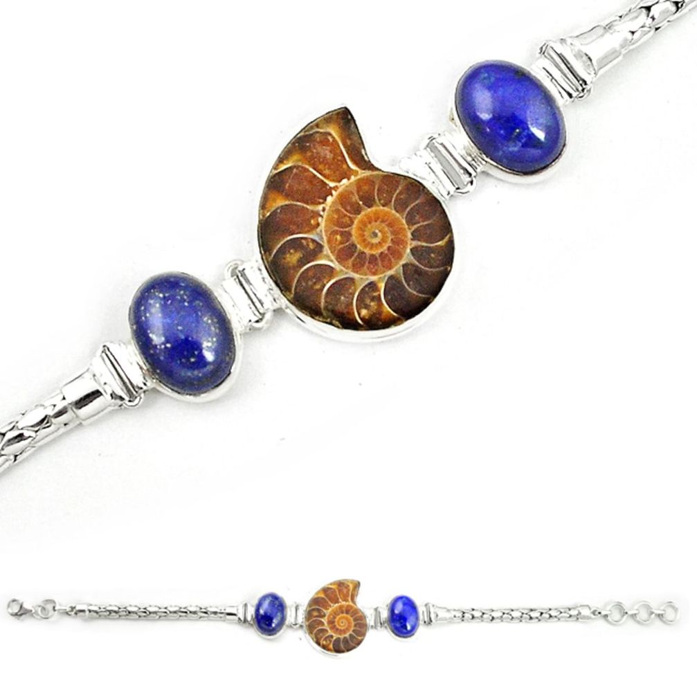 Natural brown ammonite fossil lapis lazuli 925 silver bracelet jewelry m23200