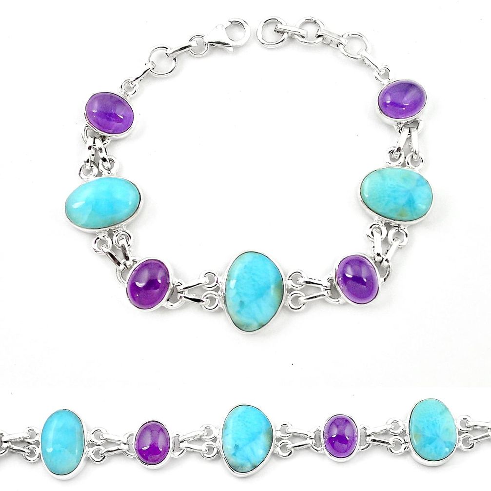 Natural blue larimar purple amethyst 925 sterling silver bracelet m24983
