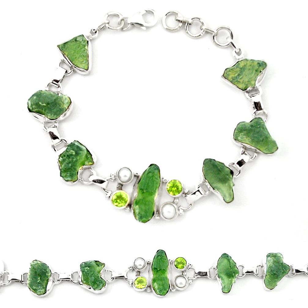 Natural green moldavite (genuine czech) fancy 925 silver bracelet m24991