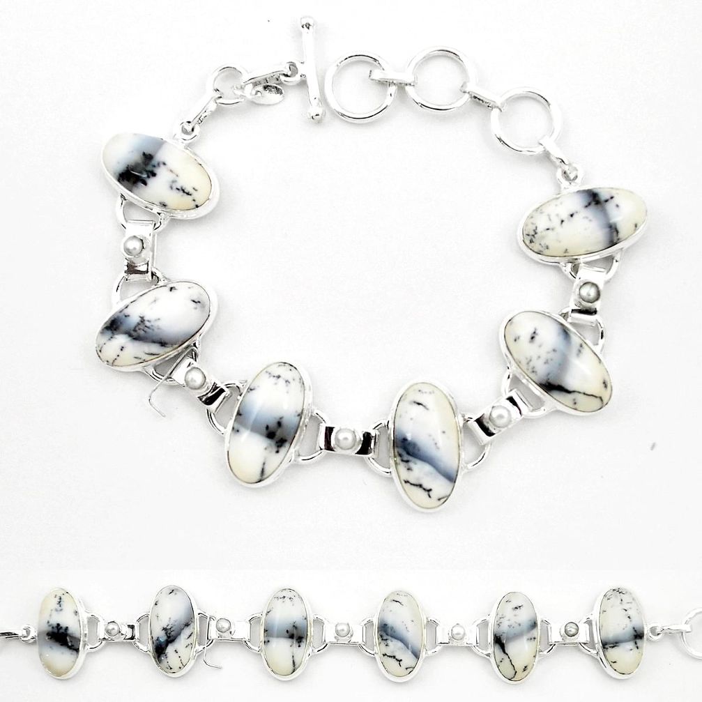 Natural white dendrite opal (merlinite) 925 silver tennis bracelet m32233