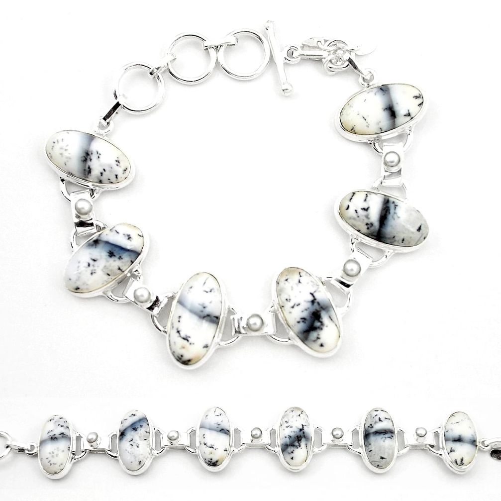 Natural white dendrite opal (merlinite) 925 silver tennis bracelet m32240