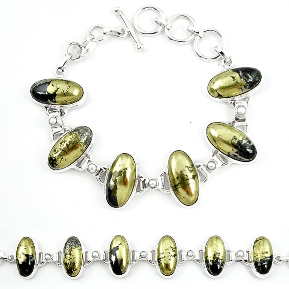 Natural golden pyrite in magnetite (healer's gold) 925 silver bracelet m4445