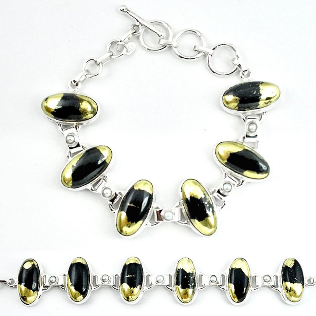 Natural golden pyrite in magnetite (healer's gold) 925 silver bracelet m4448