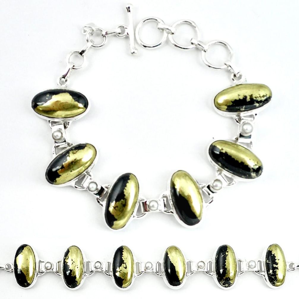 Natural golden pyrite in magnetite (healer's gold) 925 silver bracelet m4456