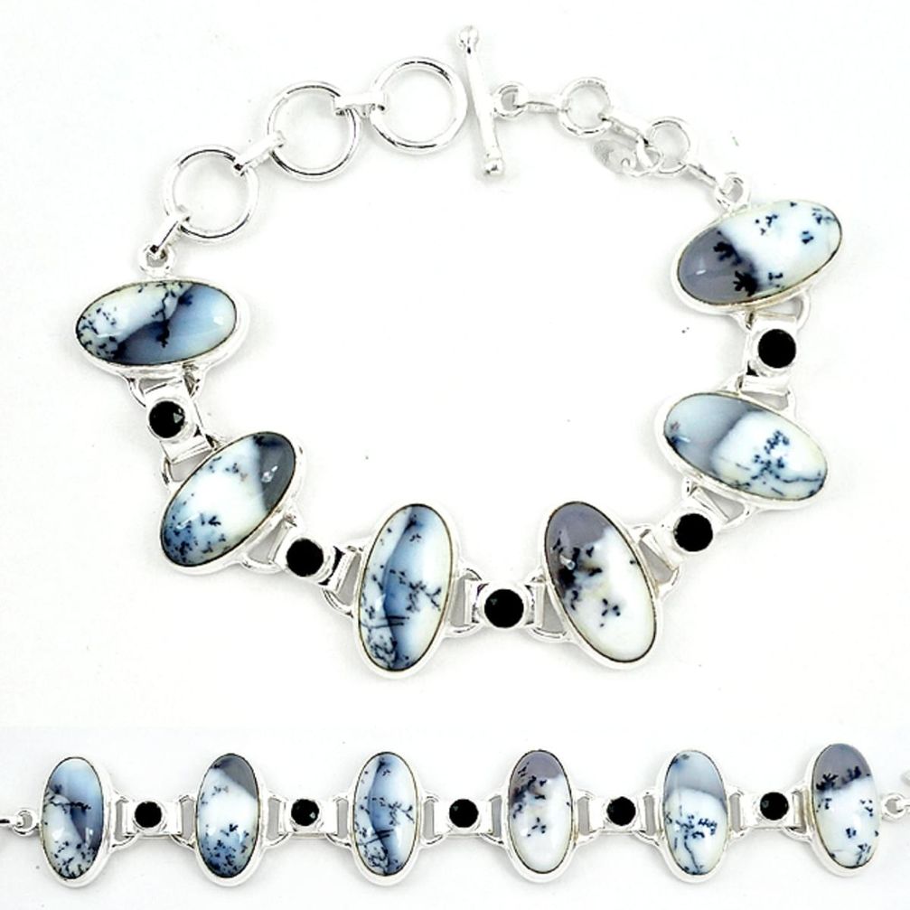 Natural white dendrite opal (merlinite) onyx 925 silver tennis bracelet m4692