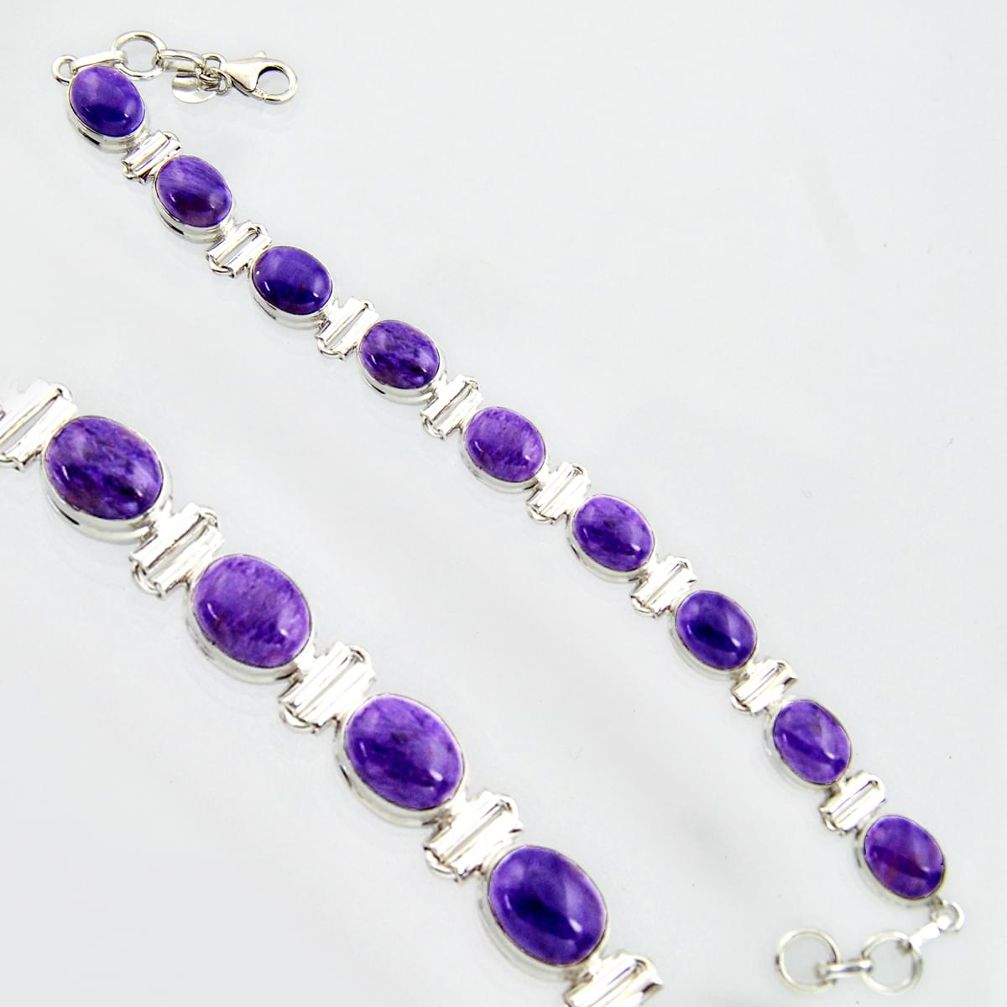 38.72cts natural purple charoite (siberian) 925 silver tennis bracelet r14680