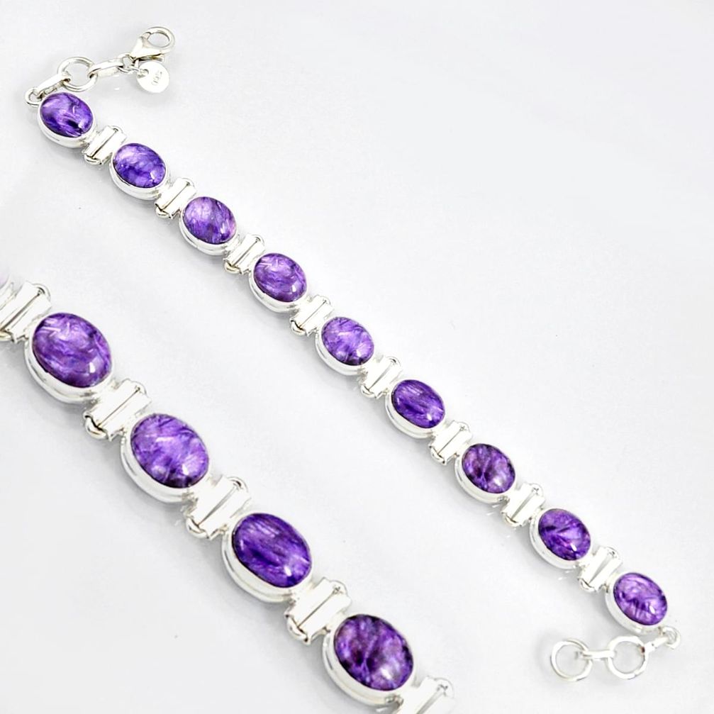 38.68cts natural purple charoite (siberian) 925 silver tennis bracelet r9581