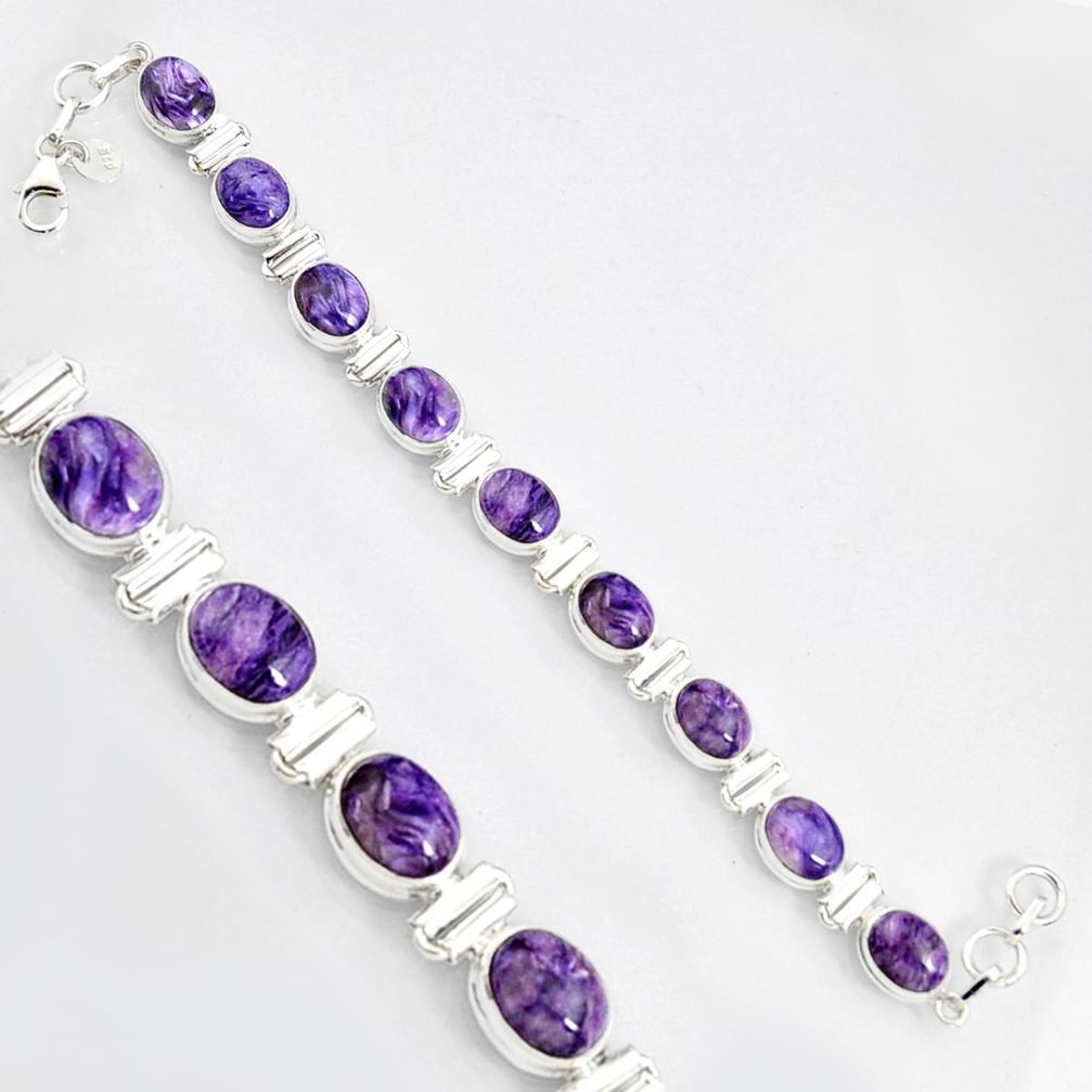 37.86cts natural purple charoite (siberian) 925 silver tennis bracelet r9585