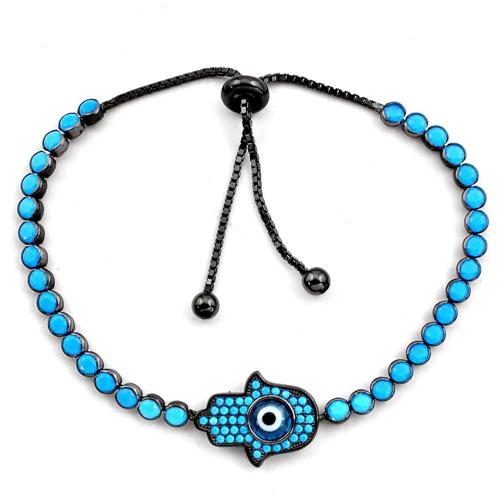 6.31cts black rhodium blue evil eye talismans silver adjustable bracelet c4909
