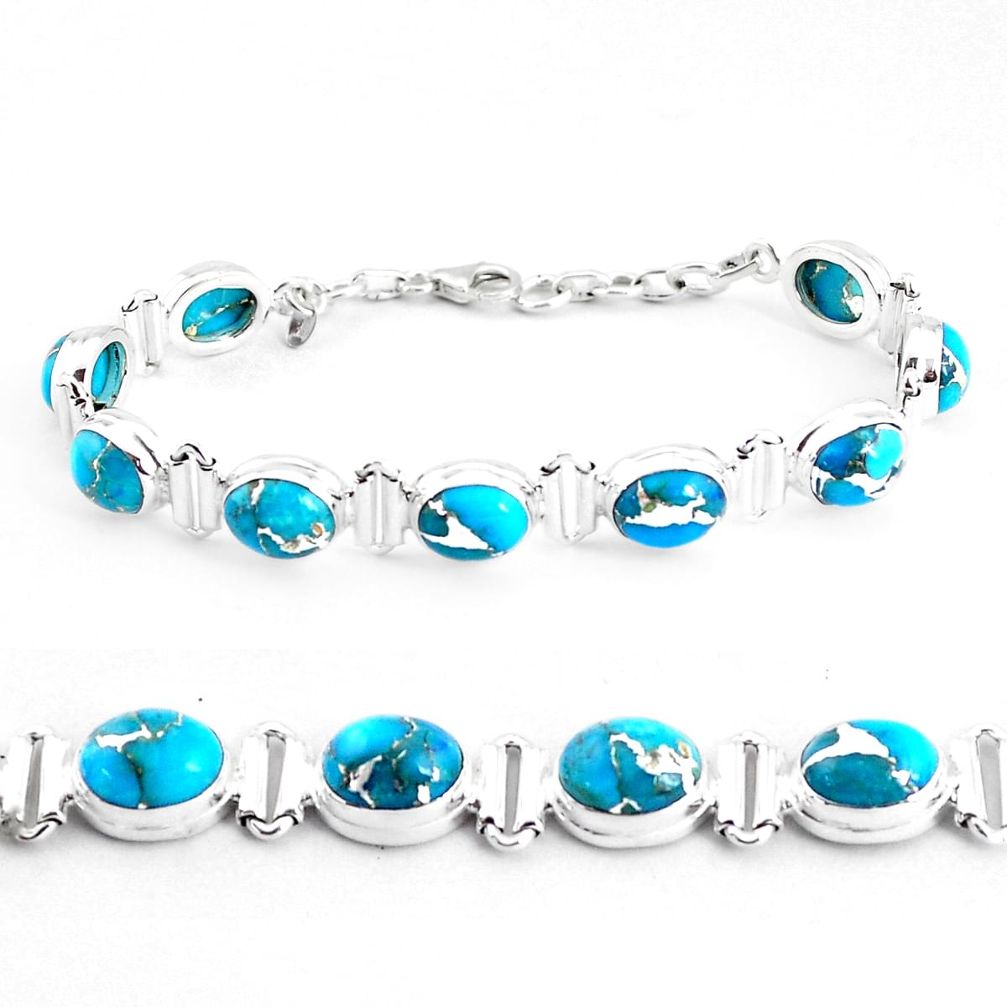 34.25cts blue copper turquoise 925 sterling silver tennis bracelet p48101