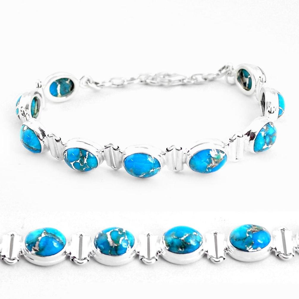 34.27cts blue copper turquoise 925 sterling silver tennis bracelet p48108