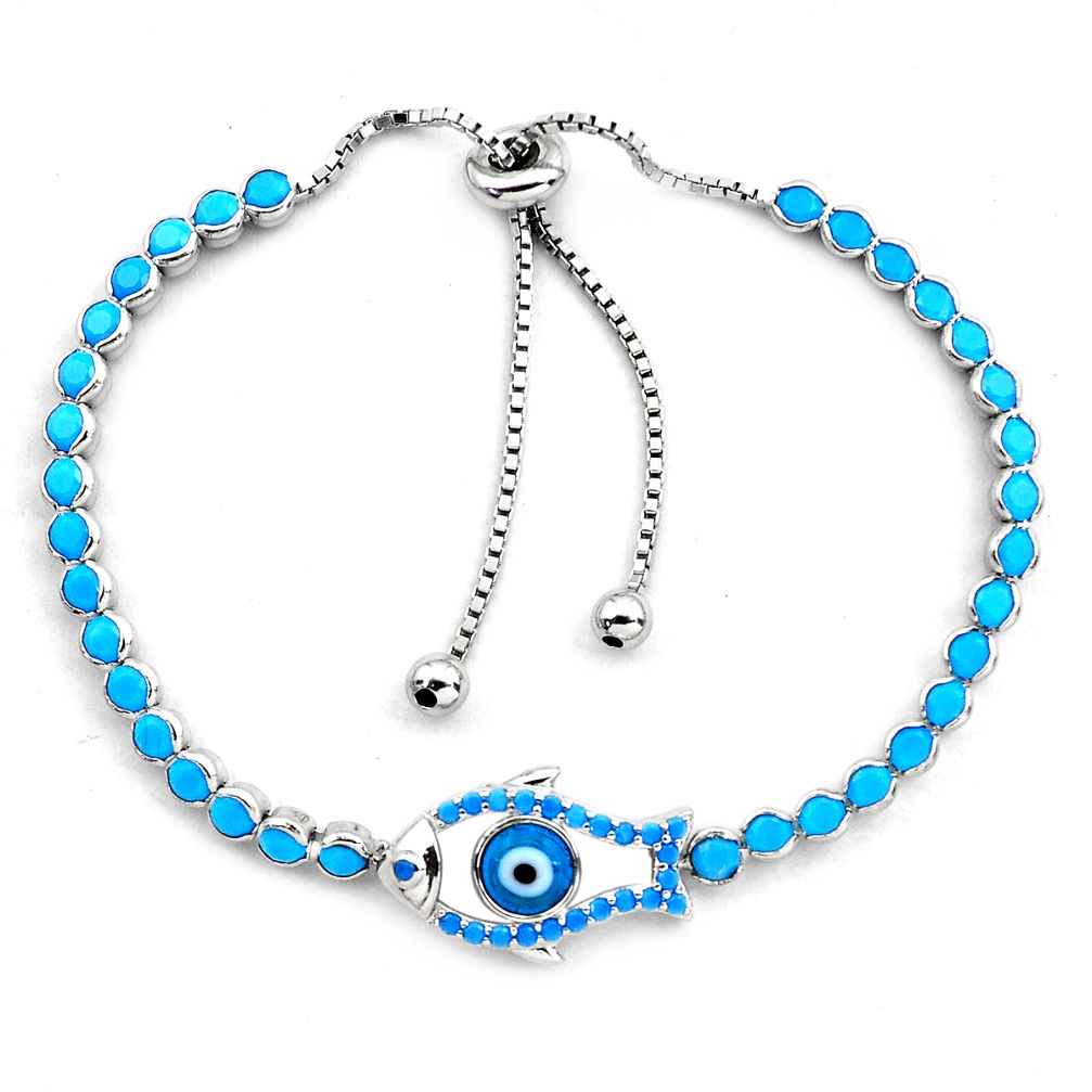 6.53cts blue evil eye talismans 925 silver tennis adjustable bracelet c4966