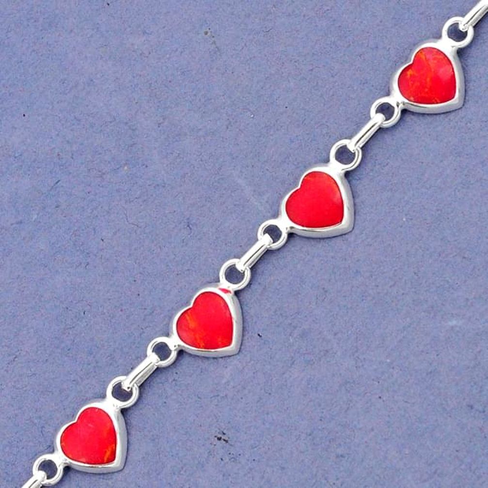 INCREDIBLE RED SPONGE CORAL ENAMEL 925 STERLING SILVER HEART BRACELET H41516