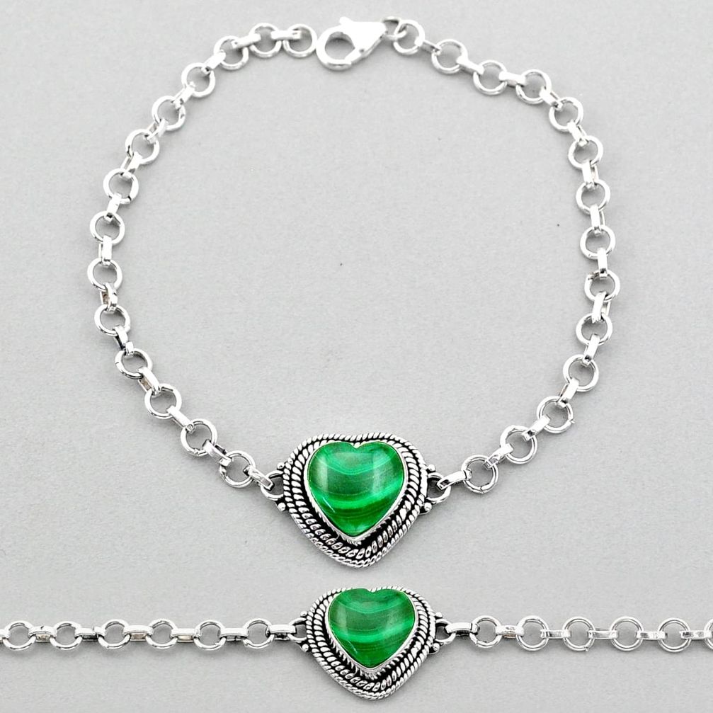 925 silver 6.42cts heart natural green malachite (pilot's stone) bracelet t93351