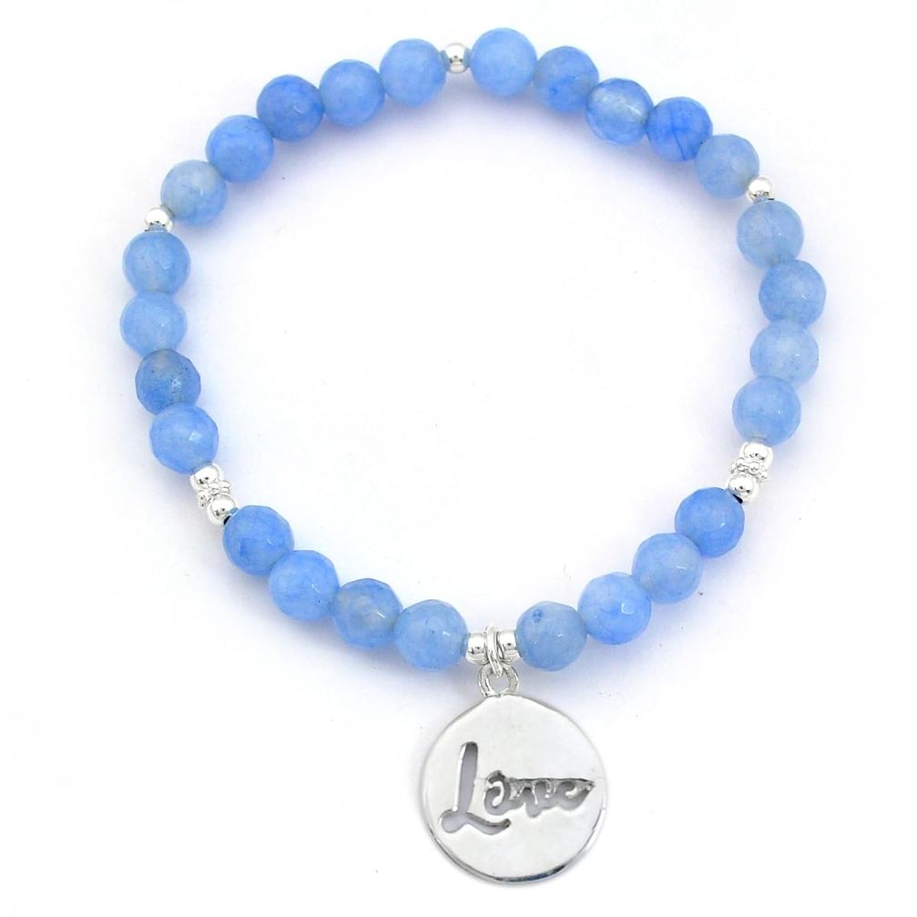 925 silver 26.74cts natural blue chalcedony love beads bracelet jewelry u64907