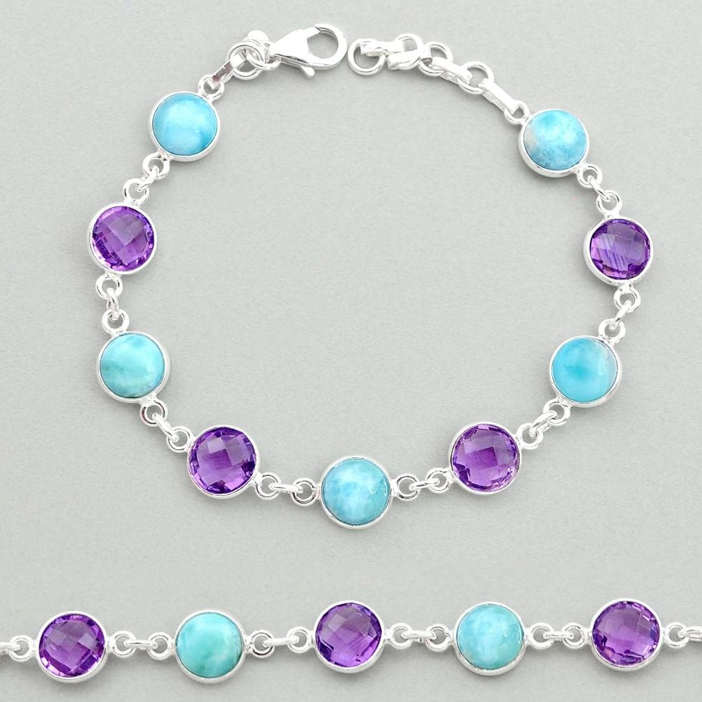 925 silver 23.04cts natural blue larimar purple amethyst tennis bracelet t19444