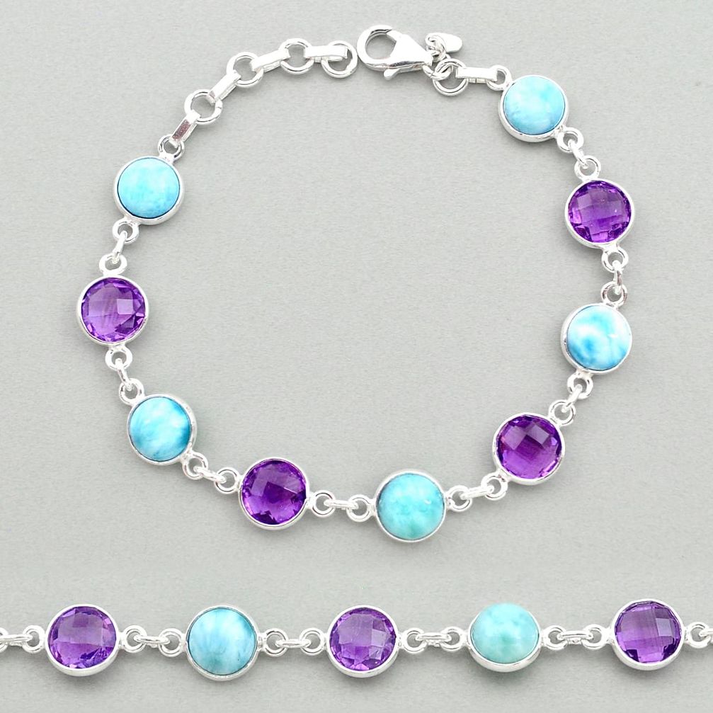 925 silver 23.72cts natural blue larimar purple amethyst tennis bracelet t19447