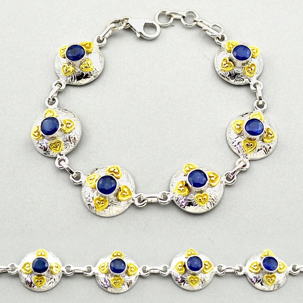 925 silver 5.28cts natural blue sapphire round 14k gold tennis bracelet t72212