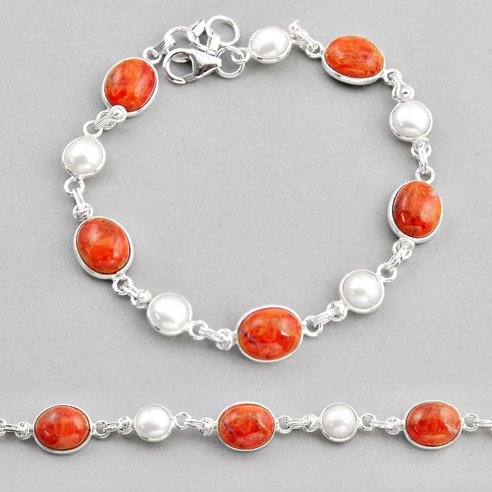 925 silver 21.70cts natural orange mojave turquoise white pearl bracelet y57803