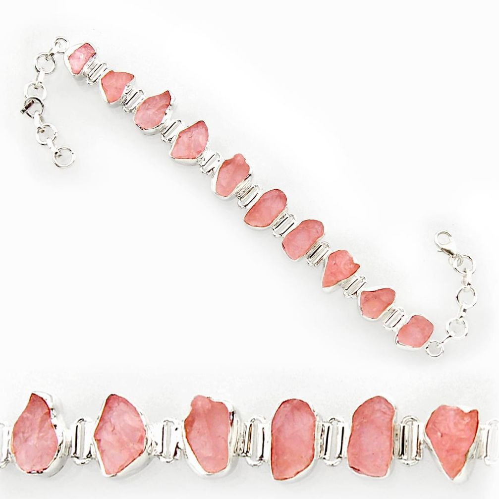 925 silver 38.46cts natural pink rose quartz rough fancy tennis bracelet r27569