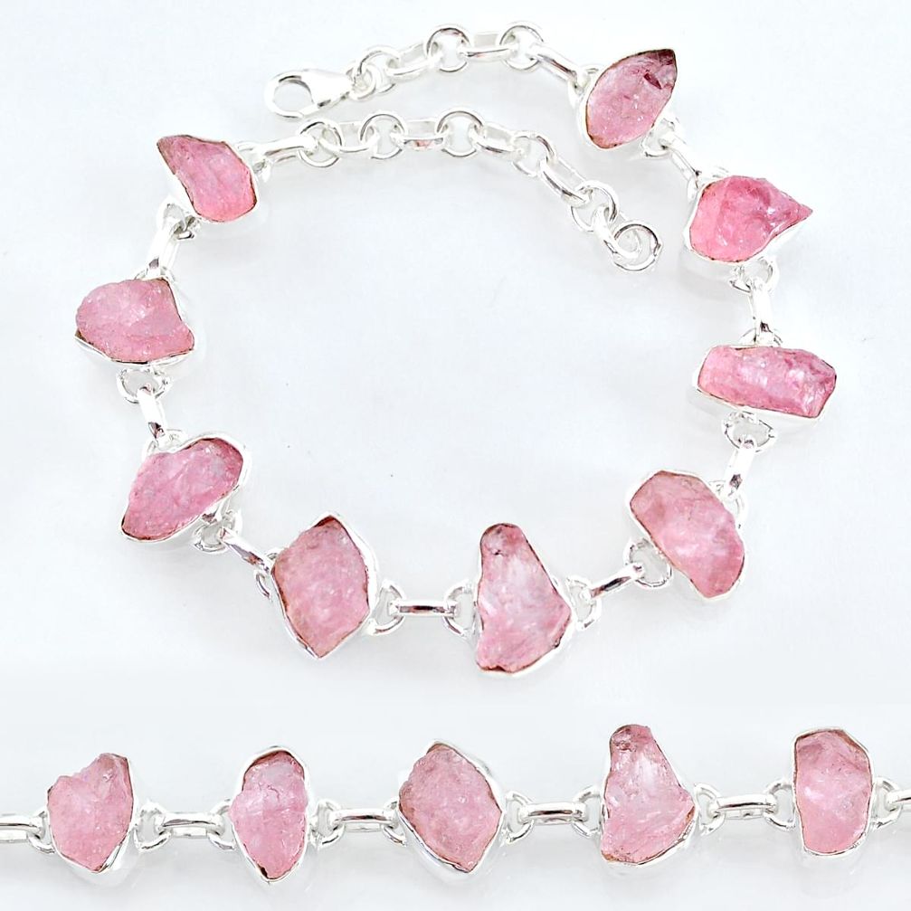 925 silver 32.86cts natural pink rose quartz raw fancy tennis bracelet t7804