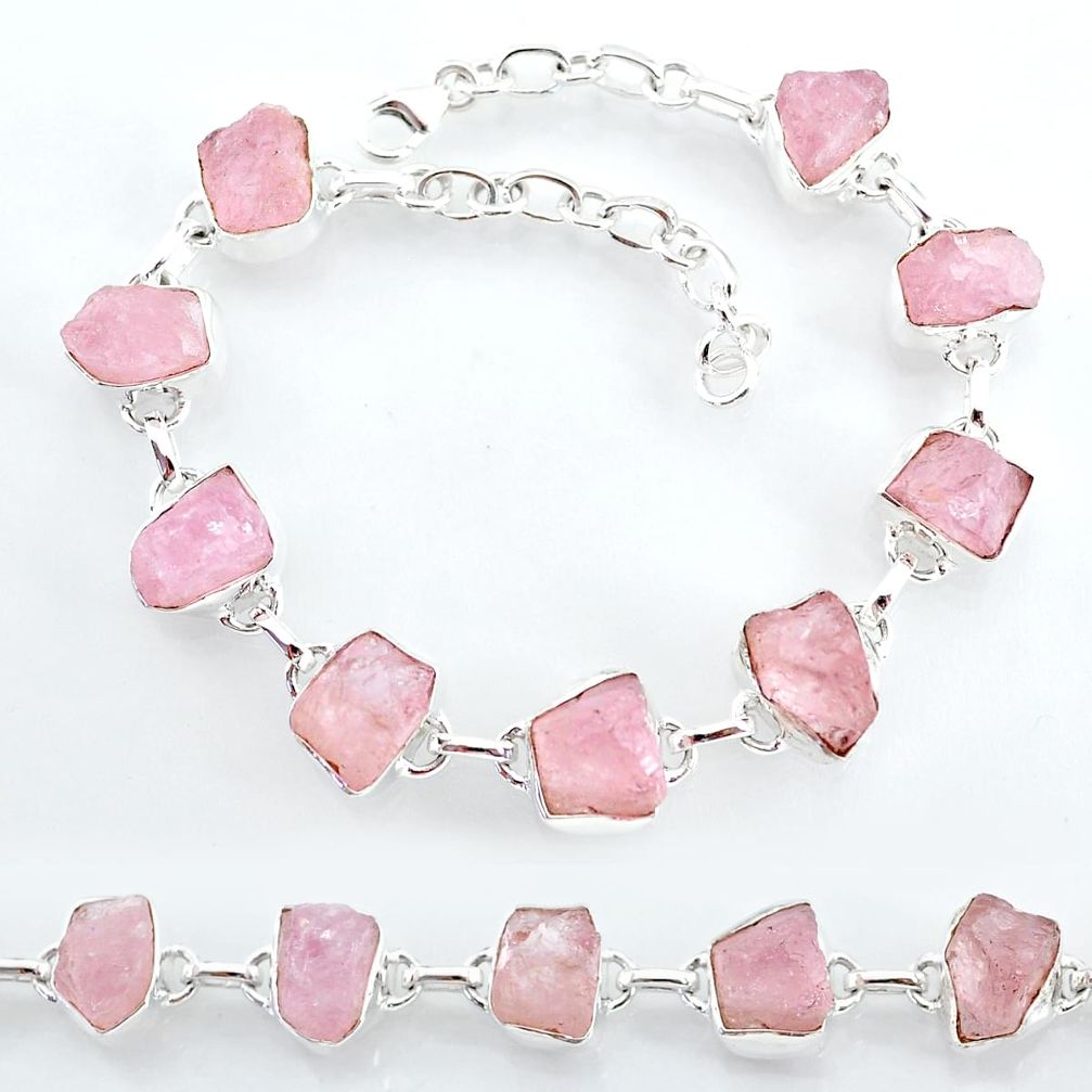 925 silver 34.89cts natural pink rose quartz raw tennis bracelet t7835