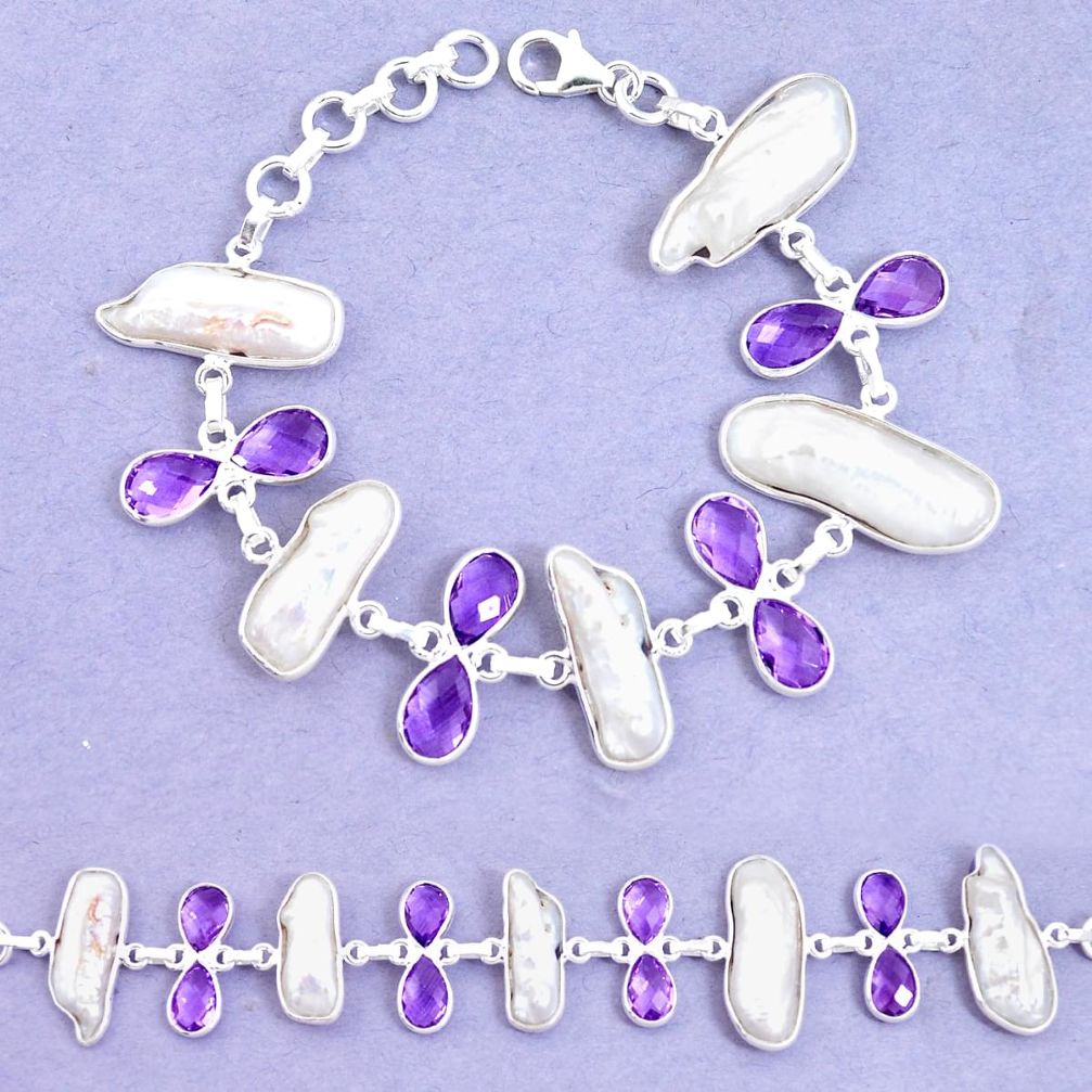 925 silver 43.32cts natural purple amethyst biwa pearl tennis bracelet p11976