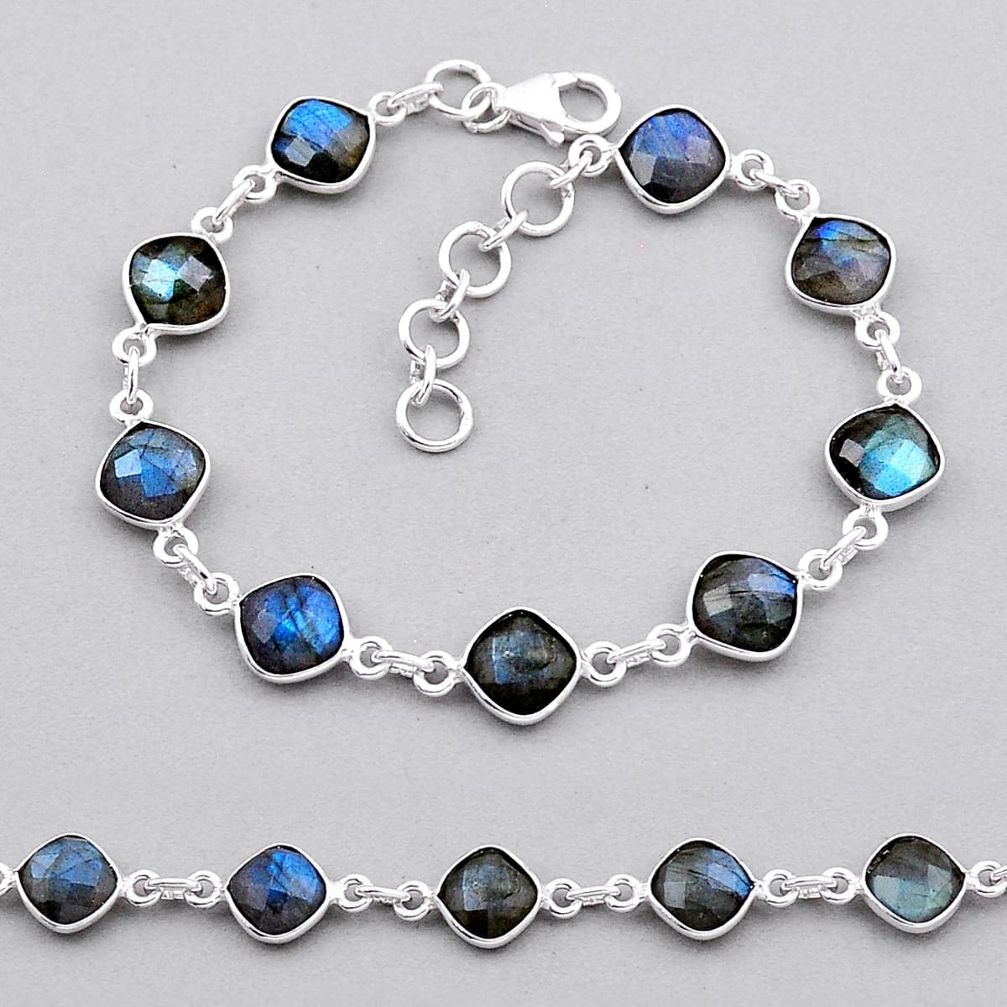 925 silver 18.28cts tennis natural blue labradorite checker cut bracelet n32620